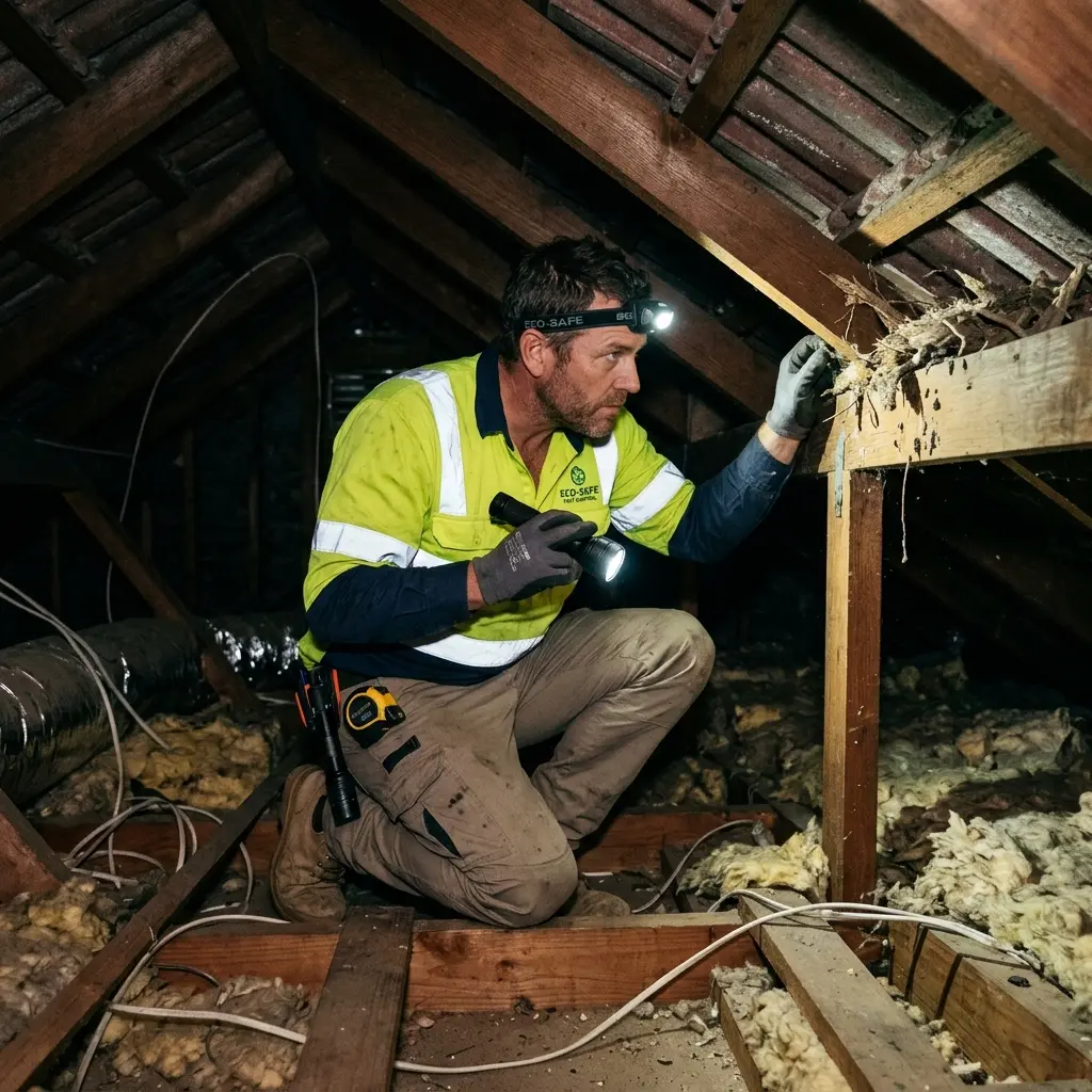 Technician inspecting a roof cavity for a dead animal in Breakwater