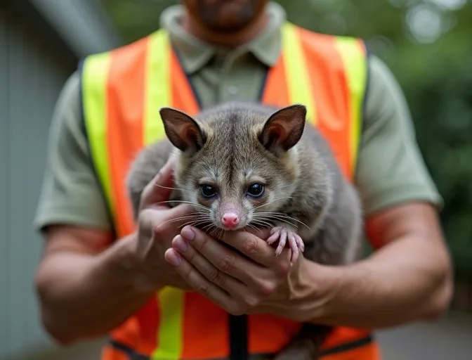 Animal handler safely recovering a deceased possum in Breakwater