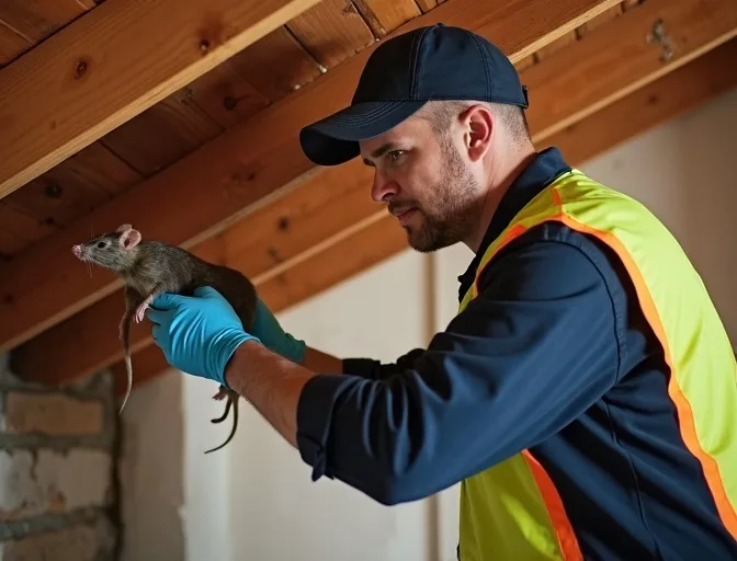 Technician inspecting a roof cavity for a dead rat in Breakwater